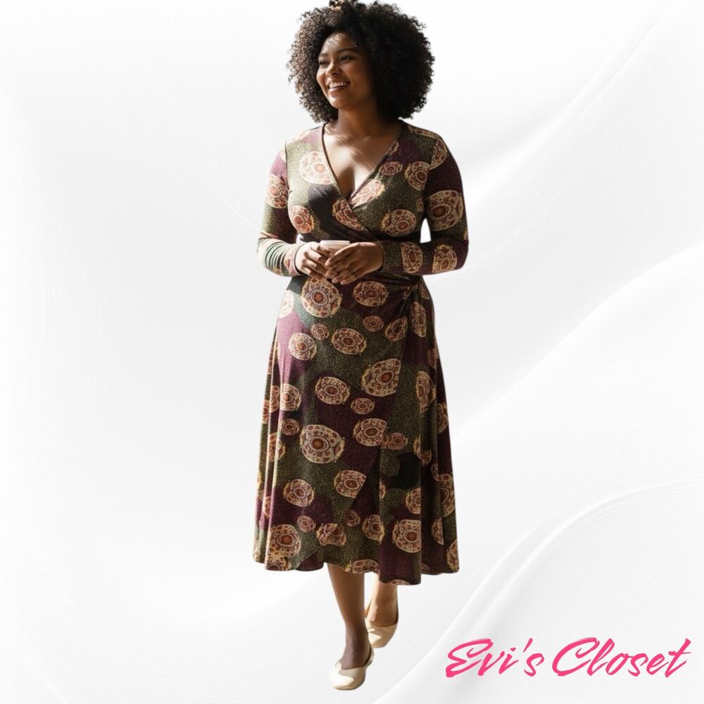 Ashley Stewart Women's Plus Size 26 28 Wrap Dress. Red Green Medallion Print
